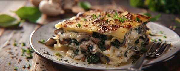 Wall Mural - Creamy mushroom and spinach lasagna, 4K hyperrealistic photo