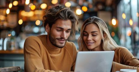 Aufkleber - Man looking at his girlfriend shopping online in cafe. Generative AI.