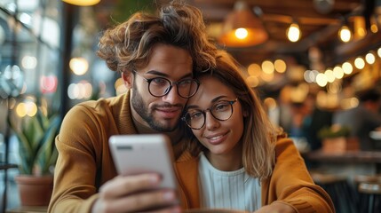 Canvas Print - Man looking at his girlfriend shopping online in cafe. Generative AI.