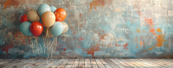 Wall Mural - Colorful balloons in a sunlit room, creating a festive, cheerful atmosphere. Free copy space for banner.