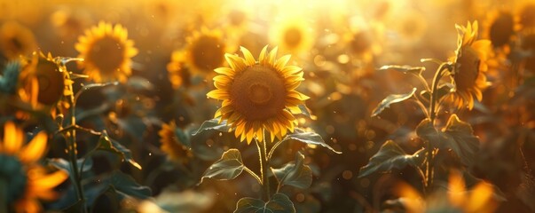 Wall Mural - Towering sunflower stalks in golden hour, 4K hyperrealistic photo