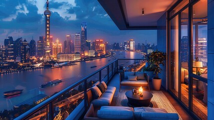 Wall Mural - A balcony on the top floor of an apartment building in Shanghai, comfortable sofas, overlooking the city at night. Generative AI.