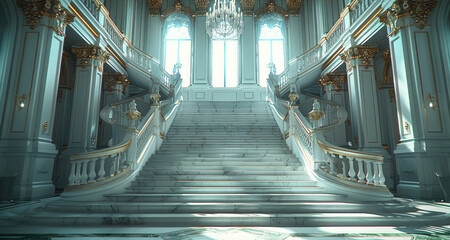 Wall Mural - The interior of an elegant old Italian palace. The scene features a grand staircase with marble steps, adorned with a luxurious green. Generative AI.