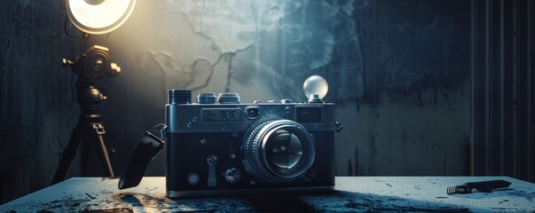 Retro film camera with a flashbulb, 4K hyperrealistic photo