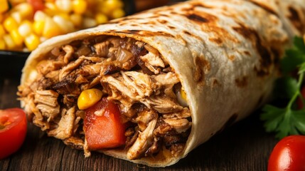 On a rustic wooden table, two grilled chicken burritos are displayed with vivid ingredients like corn, tomatoes, red peppers, and fresh herbs