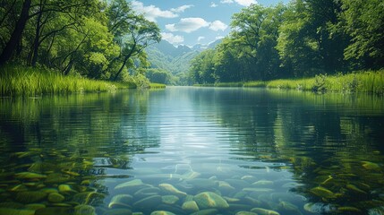 Wall Mural - Crystal-clear river meandering through lush banks, peaceful, natural beauty, reflection, scenic. Generative AI.