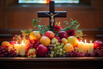 Church thanksgiving fruit decoration and background with candles and cross of Jesus with generative ai