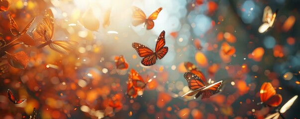 Wall Mural - Colorful butterfly flock in autumn sunlight, 4K hyperrealistic photo