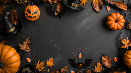 Halloween-themed flat lay with black witch hats, carved pumpkins, and autumn leaves on a dark textured background, perfect for spooky seasonal decor and party invitations.