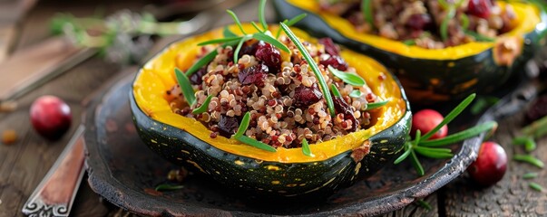 Wall Mural - Stuffed acorn squash with quinoa and cranberries, 4K hyperrealistic photo