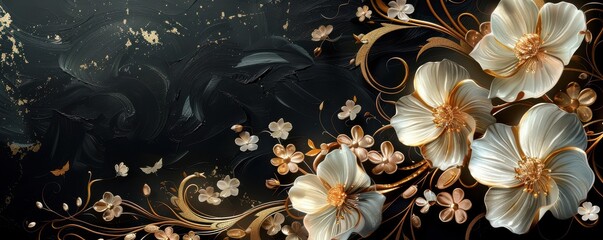 Wall Mural - Elegant black and gold floral design with flowing silk textures, luxurious theme. Free copy space for banner.