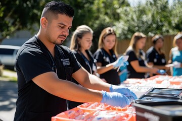 A group of volunteers providing free health screenings in a community event, emphasizing the importance of accessible healthcare services for all.