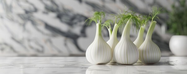 Fresh fennel bulbs on marble countertop, 4K hyperrealistic photo