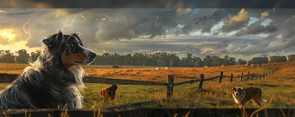 Alert Australian shepherd watching over farm animals, 4K hyperrealistic photo