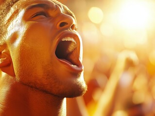 A passionate fan expressing joy during a vibrant outdoor celebration at sunset