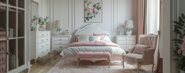 Vintage-inspired bedroom with retro furniture and pastel colors, 4K hyperrealistic photo