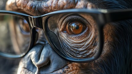 Detailed close-up of a chimpanzee's face wearing black-framed glasses, showcasing its intense eyes and facial texture.