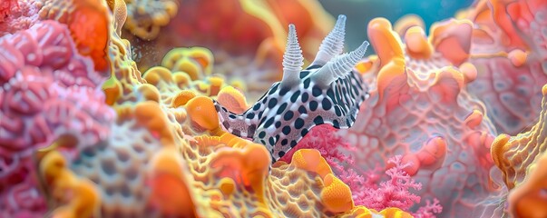 Nudibranch crawling on colorful sea sponge, 4K hyperrealistic photo