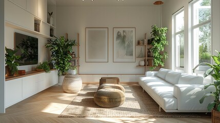 Wall Mural - Small living room with open concept kitchen minimalist interior, with art, decor and greenery. Generative AI.