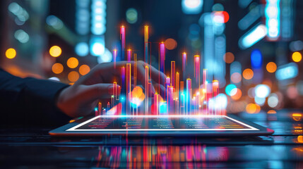 Aufkleber - A businessperson analyzing growth charts on a digital tablet, with a background of increasing stock prices on a large screen, vibrant colors representing financial success. Generative AI.