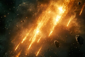 Wall Mural - Fiery Meteors Falling in an Asteroid Field of Deep Space