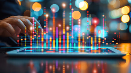 Aufkleber - A businessperson analyzing growth charts on a digital tablet, with a background of increasing stock prices on a large screen, vibrant colors representing financial success. Generative AI.