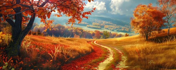 Wall Mural - Autumn meadow with colorful leaves and a winding path, 4K hyperrealistic photo,