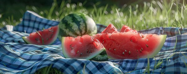 Watermelon slices on a picnic blanket, 4K hyperrealistic photo