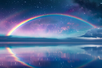 Wall Mural - vibrant rainbow arching over a reflective water surface against a starry night sky. panorama with co