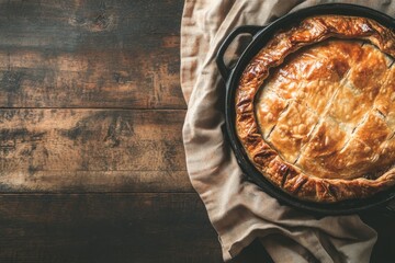 The traditional English steak and kidney pie is presented on a rustic table