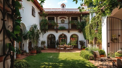 Sticker - A spacious courtyard with a large lawn and naturally growing plants, surrounded by white walls and red terracotta tiles. beautiful wooden pergola, wrought iron tables and chairs. Generative AI.