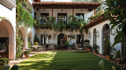 Sticker - A spacious courtyard with a large lawn and naturally growing plants, surrounded by white walls and red terracotta tiles. beautiful wooden pergola, wrought iron tables and chairs. Generative AI.