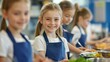 © Mark - A smiling girl wearing a striped apron cooks with other children. Teamwork and healthy eating are concepts addressed in culinary education for kids.