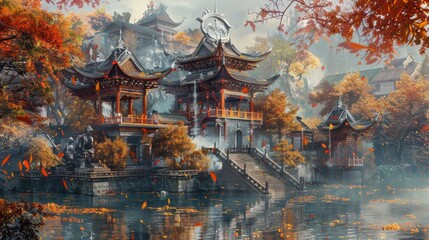 Wall Mural - Chinese Architecture. Mystical Fantasy Village with Riverside Steps and Beautiful Autumn Oak Trees