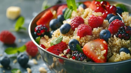 A bowl of fruit salad with strawberries, blueberries, and raspberries