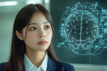 Wall Mural - Emotional resilience Thought processes Profile of a young woman with a glowing brain interface symbolizing cognitive enhancement mental focus and the power of thought in a digital age