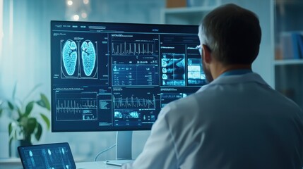 medical professional analyzing brain scans on computer monitor