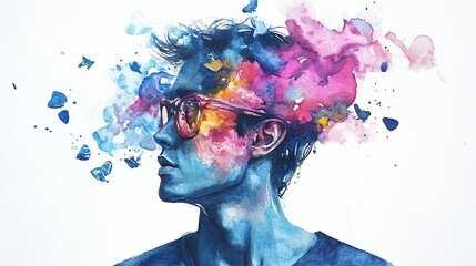 Vibrant Portrait of a Man with Colorful Abstract Elements and Glasses