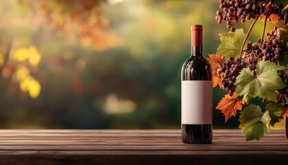 A beautiful wine bottle rests on a wooden table, surrounded by colorful autumn leaves and clusters of grapes, evoking warmth.