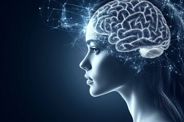 Wall Mural - Cognitive therapy Thought processes Profile of a young woman with a glowing brain overlay symbolizing cognitive clarity mental focus and the illumination of ideas in a modern world