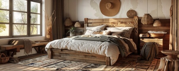 Rustic bedroom with wooden furniture and cozy textiles, 4K hyperrealistic photo