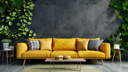 3d render luxury Living room interior with design gray yellow sofa, pizza burger on wooden table, commode and elegant personal accessories. Yellow pillow and plaid. With green grass wall.