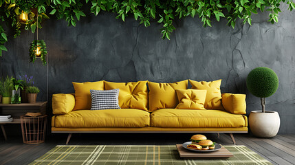 3d render luxury Living room interior with design gray yellow sofa, pizza burger on wooden table, commode and elegant personal accessories. Yellow pillow and plaid. With green grass wall.