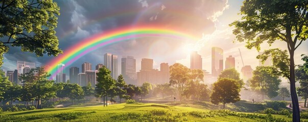 Wall Mural - Rainbow over urban park, 4K hyperrealistic photo