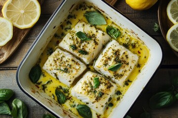 This delicious food dish is made with baked halibut fillet in butter sauce with herbs and lemon