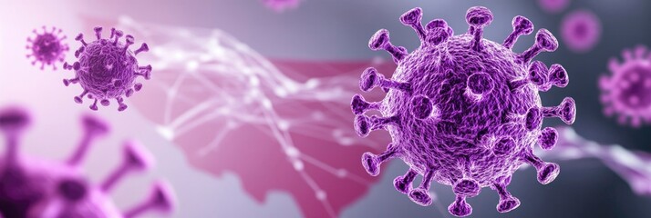 The United States map, with blurred red, white, and gray backgrounds and round virus cells floating about it in shades of purple and blue.