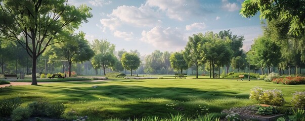 Wall Mural - Peaceful park with an open green space and picnic area, 4K hyperrealistic photo