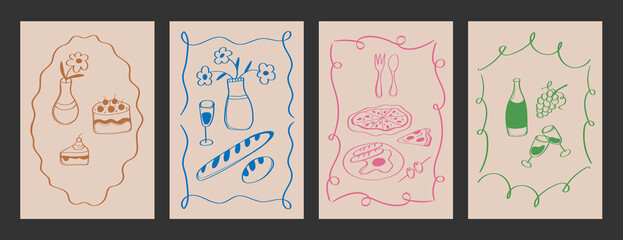 Set of poster with food and meal, abstract doodle  frame. Italian menu. Breakfast drawn background. 