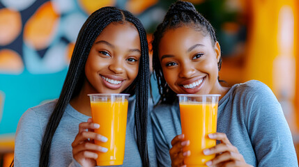 Two happy African girls drinks fresh orange juice in a vegan cafe, showcasing a refreshing and health-focused beverage choice.