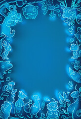 Wall Mural - a frame made of cartoon animals with bright light blue outlines on a blue background